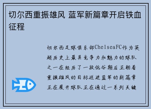 切尔西重振雄风 蓝军新篇章开启铁血征程