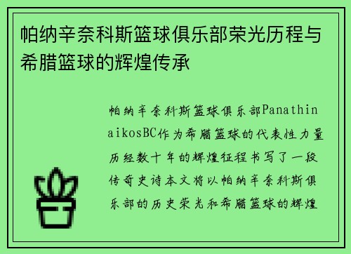 帕纳辛奈科斯篮球俱乐部荣光历程与希腊篮球的辉煌传承